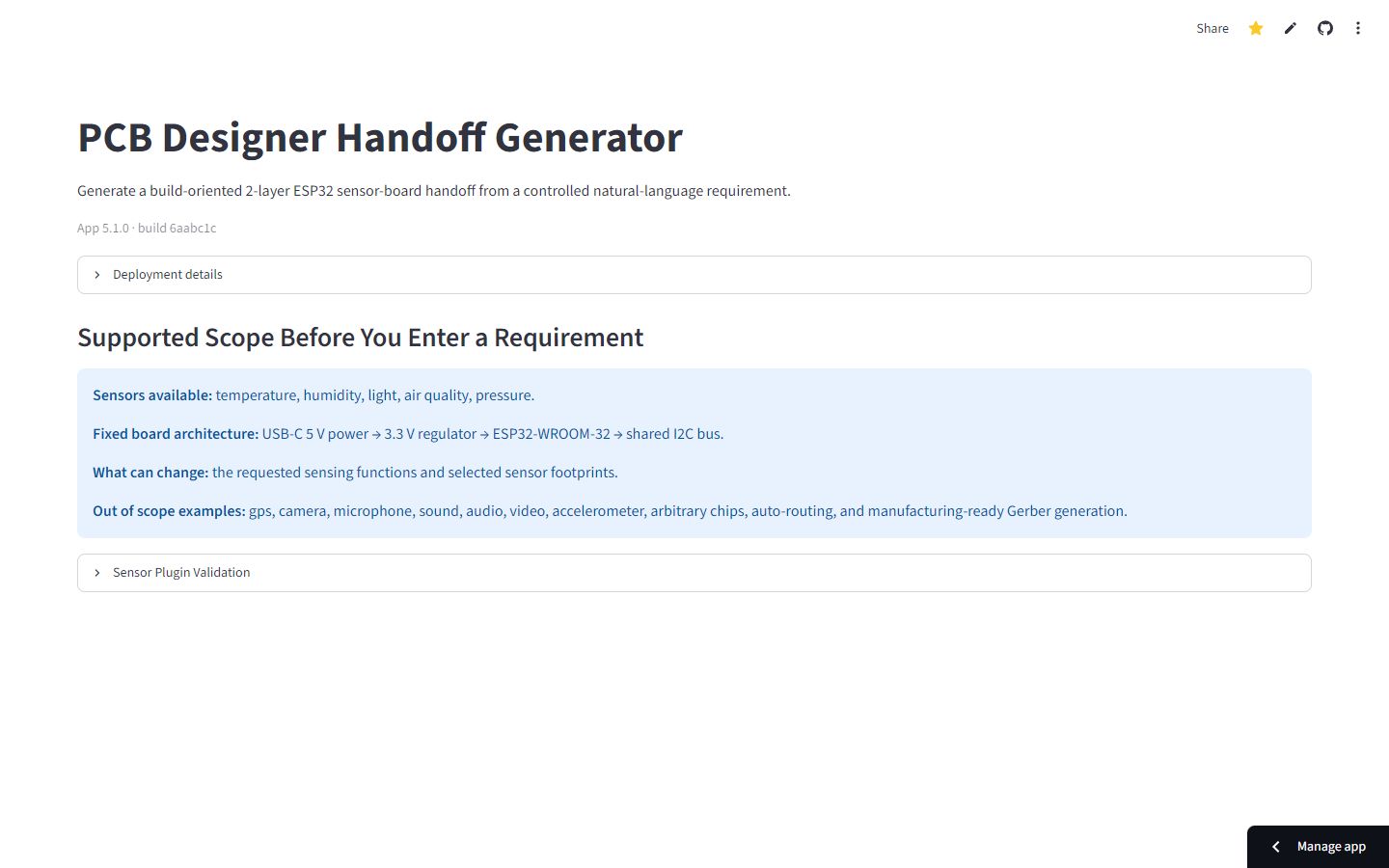 PCB Designer Handoff Generator showing supported sensor and board scope