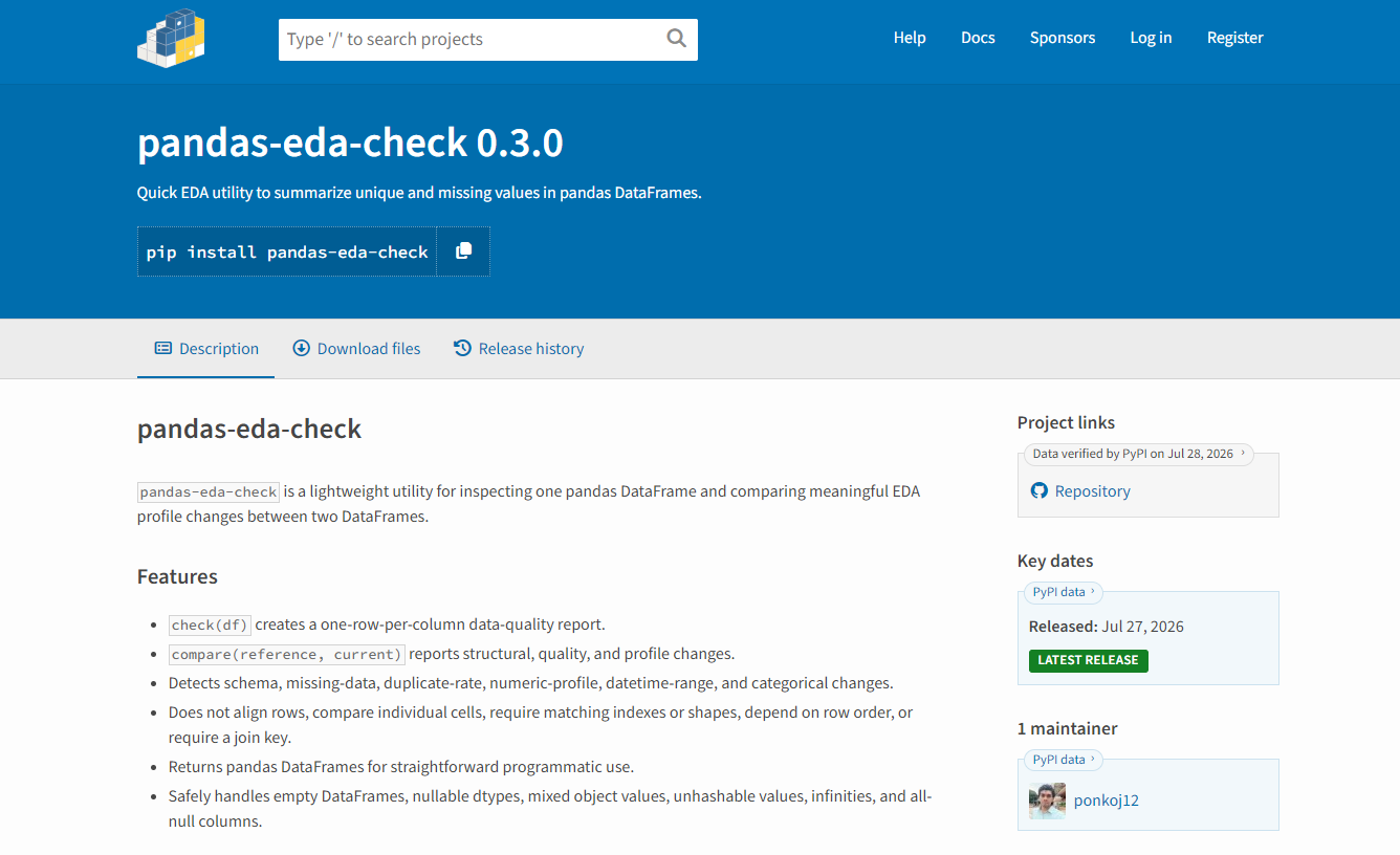 PyPI project page for pandas-eda-check version 0.3.0 showing installation instructions, features, release details, and repository link