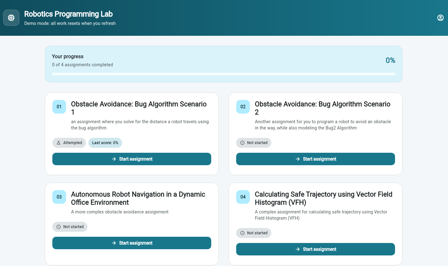 Robotics Programming Lab dashboard showing learner progress and four robotics assignments